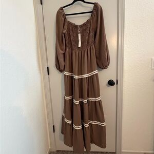 Lash Next Door Elegant Brown Maxi Dress with Lace Trim